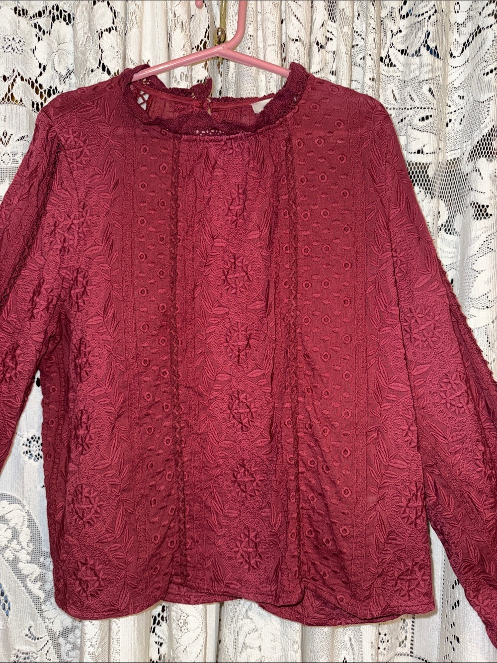 Jennifer Grace Embroidered Long-Sleeve Blouse in Burgundy